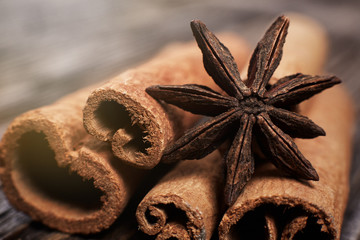 Spices closeup anise and cinnamon 