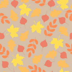 seamless pattern . maple leaves, birch leaves, oak leaves and rowan leaves on a pale purple background