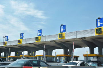 checkpoint on a toll road. Traffic jam in front of a toll road payment point. Greece toll highway.