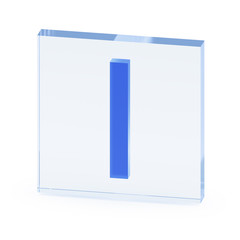 Clear transparent glass or plexiglass display with color capital letter I or vertical line inside on white background, 3D rendered image