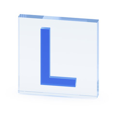 Clear transparent glass or plexiglass display with color capital letter L inside on white background, 3D rendered image