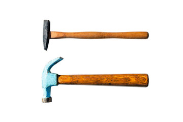 Two small metal hammers with a wooden handle, isolated on a white background with a clipping path.