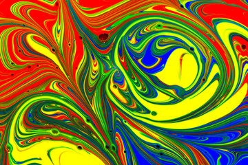 Multicolored abstract background pattern created with red, yellow, blue and green liquid paint swirls