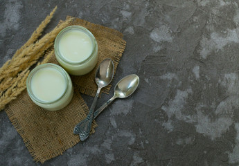 Greek yogurt in glass jars with spoons on a gray background. Top view. Copy space.