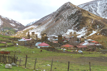 Ushguli village against the snow-capped peaks in the backdrop, Svaneti, Georgia - 292205640