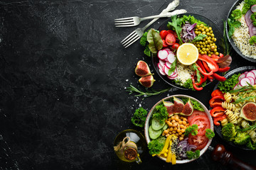 Set of food. Dishes menu. The range of dishes. Free copy space. Top view.