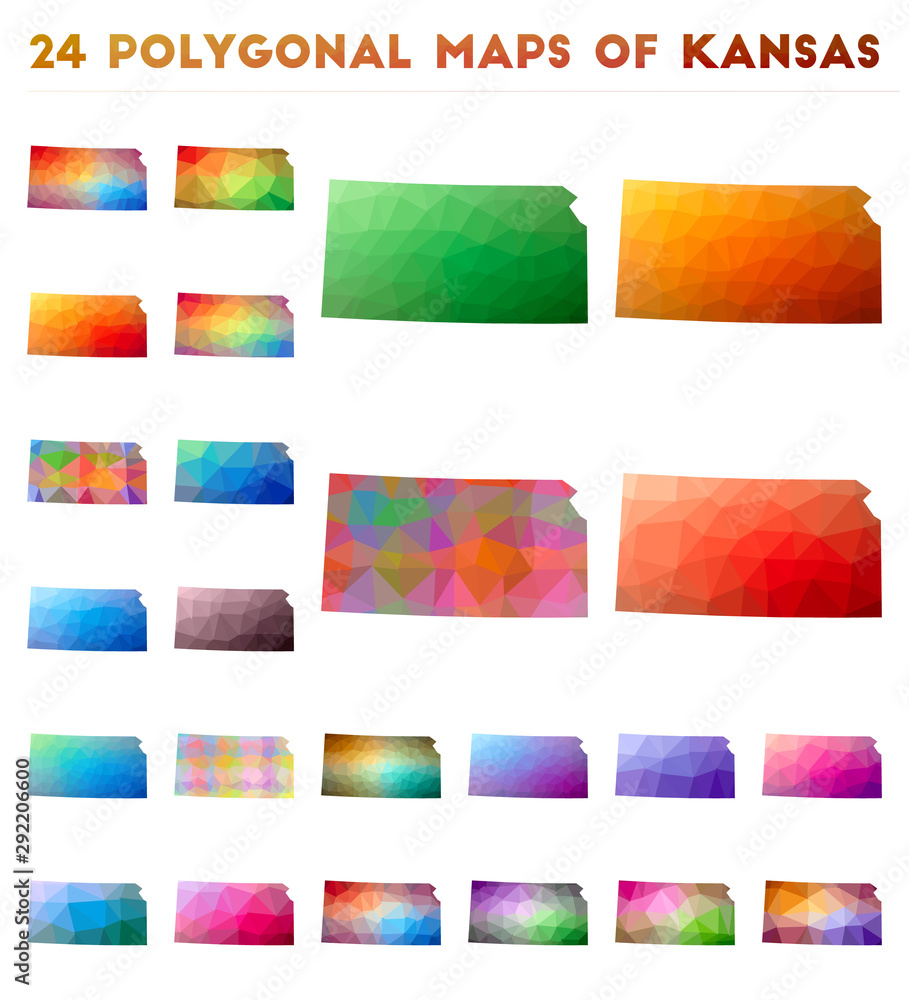 Poster set of vector polygonal maps of kansas. bright gradient map of us state in low poly style. multicolo
