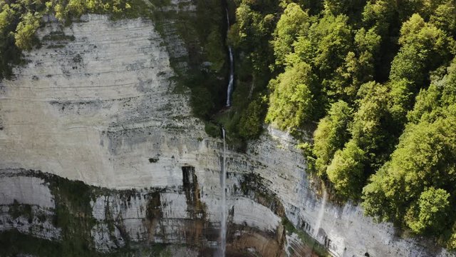Kinchha Falls in Georgia. Drone shooting at dawn 4K