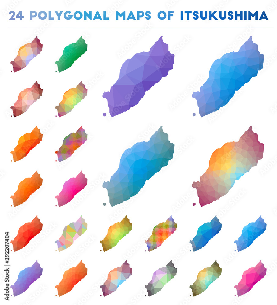 Poster set of vector polygonal maps of itsukushima. bright gradient map of island in low poly style. multic