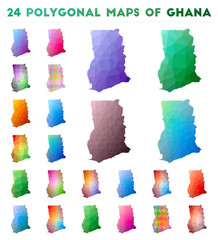 Set of vector polygonal maps of Ghana. Bright gradient map of country in low poly style. Multicolored Ghana map in geometric style for your infographics.