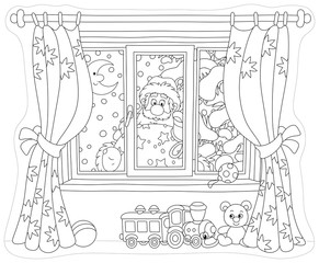Santa Claus holding his gift bag and looking through a window with curtains into a nursery on the snowy night before Christmas, black and white vector illustration