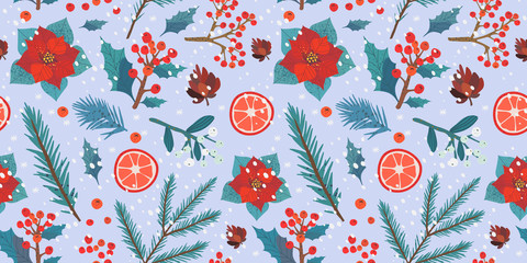 Christmas and happy new year seamless pattern with fir tree branches, pine cone, poinsettia and other decorations that can be used for wrapping paper, wallpaper, fabric, texture and textile prints.