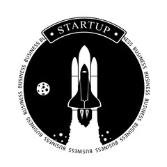 Vector illustration of space interstellar travels, universe and distant galaxies. spacecraft, rocket or shuttle for space travel or mission. Clerks working together on startup comp