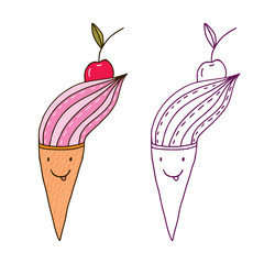 Funny Ice Cream cone with cherry. Cute cartoon iluustration. Ice cream in color and line version. Coloring book page.