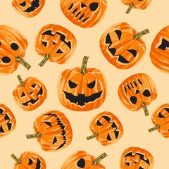 Seamless pattern of scary big-eyed and toothy pumpkins.