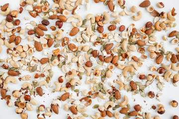 nuts background, almonds, hazelnuts, cashews