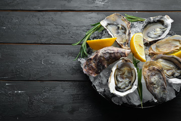 Oyster with lemon on ice. Seafood. Top view. On a black background. Free copy space.