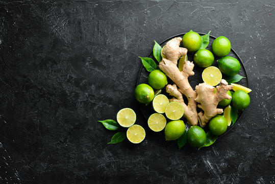 Fresh lime and ginger root. Vitamins. Top view. Free space for your text.