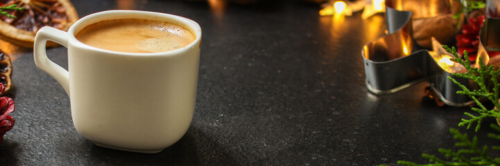 coffee, New Year, Christmas background or Noel holiday festive (nuts, cones, specials, decorations and gifts on the table, greeting card) winter menu concept. food background. copy space. Top view