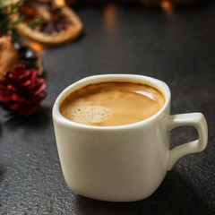 coffee, New Year, Christmas background or Noel holiday festive (nuts, cones, specials, decorations and gifts on the table, greeting card) winter menu concept. food background. copy space. Top view