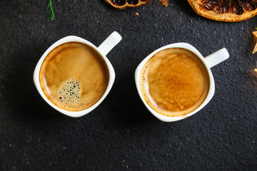 coffee, New Year, Christmas background or Noel holiday festive (nuts, cones, specials, decorations and gifts on the table, greeting card) winter menu concept. food background. copy space. Top view