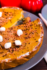 Pumpkin Pie Traditional Thanksgiving Tasty Tart. Autumnal Food Background with Hand Made Baked Cake. 