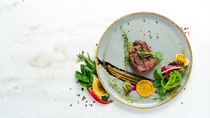 Pepper steak with vegetables. Food. Top view. Free space for your text.