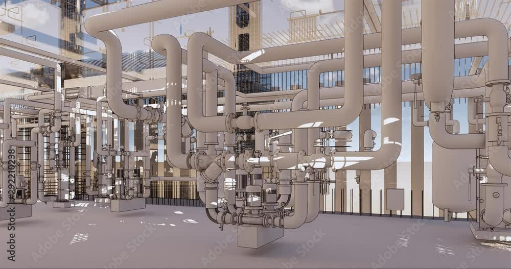 Poster timelapse visualization of a bim model of an office building with transparent walls