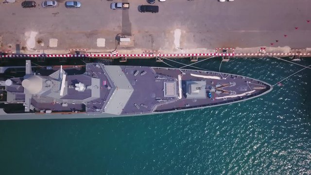 Aerial video of war ship in Sattahip naval base, Thailand