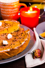 Pumpkin Pie Traditional Thanksgiving Tasty Tart. Autumnal Food Background with Hand Made Baked Cake. 