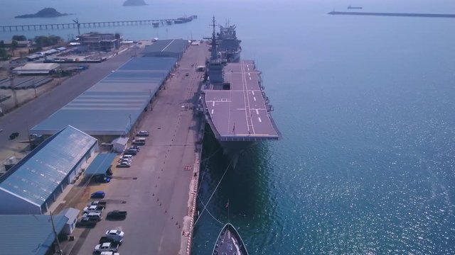 Aerial video of war ship in Sattahip naval base, Thailand