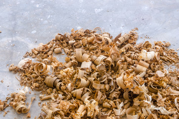 The empty space for copy text with wood sawdust or wood shavings in gray background. Close up view...