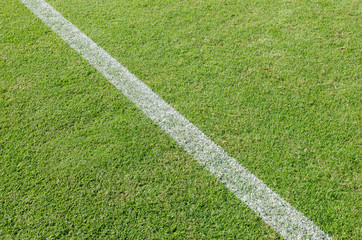 The white Line marking on the artificial green grass soccer field.