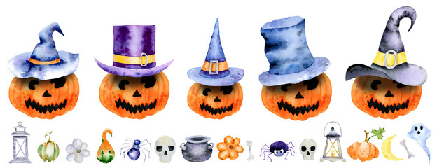 Halloween pumpkins in witchs hat. Watercolor set of pumpkins in hat.