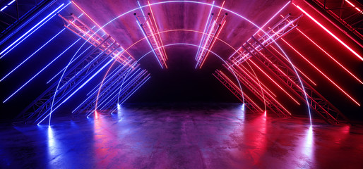 Neon Glowing Red Blue Vibrant Sci Fi Futuristic Stage Podium Construction Metal Triangle Concrete Grunge Reflective Dark Night Virtual Show Background Laser Tunnel Corridor 3D Rendering