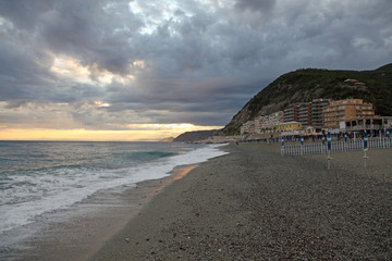 Italy. Moneglia city. Coast view and beach