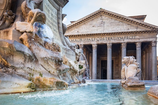 Fountain at the Pantheon temple in Rome, Italy
