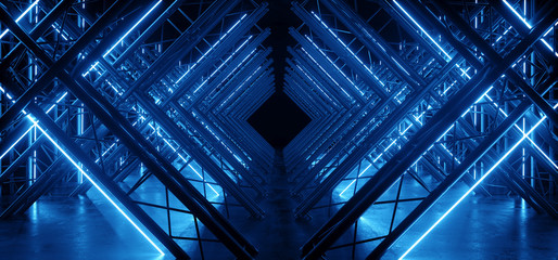 Neon Glowing Blue Vibrant Sci Fi Futuristic Stage Podium Construction Metal Triangle Concrete Grunge Reflective Dark Night Virtual Show Background Laser Tunnel Corridor 3D Rendering