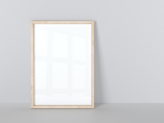 Wooden frame isolated on gray wall. 3d illustration.
