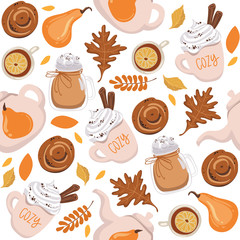 Autumn seamless pattern background with yellow leaves, coffee cup, tea. Vector illustration EPS 10