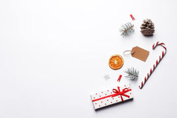 Christmas objects laid out in the shape of a Christmas bauble, overhead view. Collection of Christmas objects viewed from above