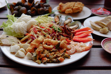 Thai food, salad with seafood and vegetables