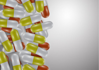Background with bright pills, capsules. Vitamin pills for good health and antibiotics. Poster banner for website. Pharmacy, painkiller capsules and medications.