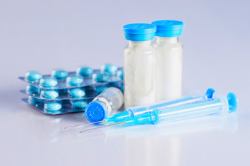 Drug prescription for treatment medication. Pharmaceutical medicament, cure in container for health. Pharmacy theme, capsule pills with medicine antibiotic in packages.