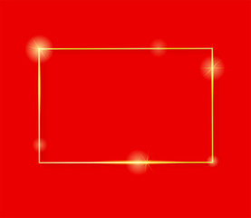 Gold shiny glowing vintage frame with shadows isolated on red background. Golden luxury realistic rectangle border. Vector