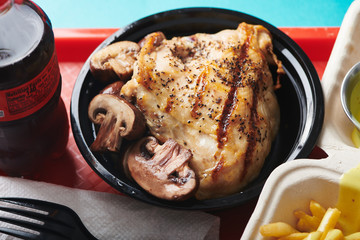 Grilled Chicken and Mushrooms with French Fries and Soda