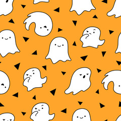 Funny simple seamless Halloween pattern with ghosts and orange background