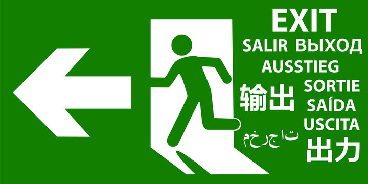 Emergency exit sign in popular world languages.