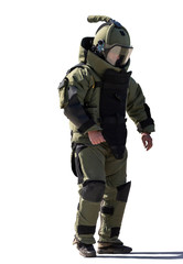 Bomb squad agent wearing a heavy blast suit. Isolated on white background.
