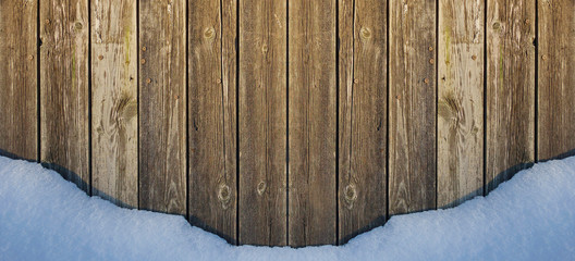 old wooden fence and white snow border holiday Christmas or new year place for text